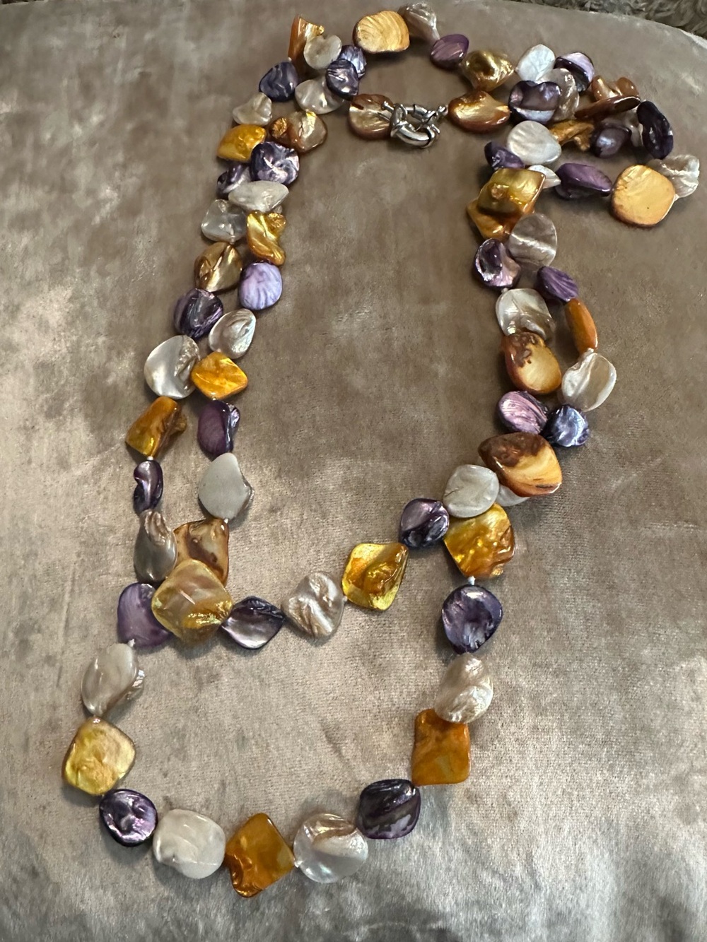 Multi-Color Mother of Pearl Chip Necklace - Gold, Purple, Cream